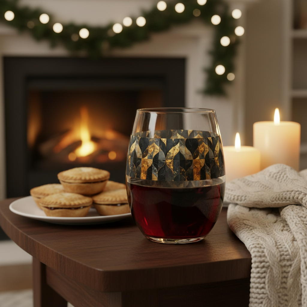 Aged Elegance stemless wine glass of red wine with charcoal and bronze pattern, plate of mince pies, and candles on a table in front of a fireplace.