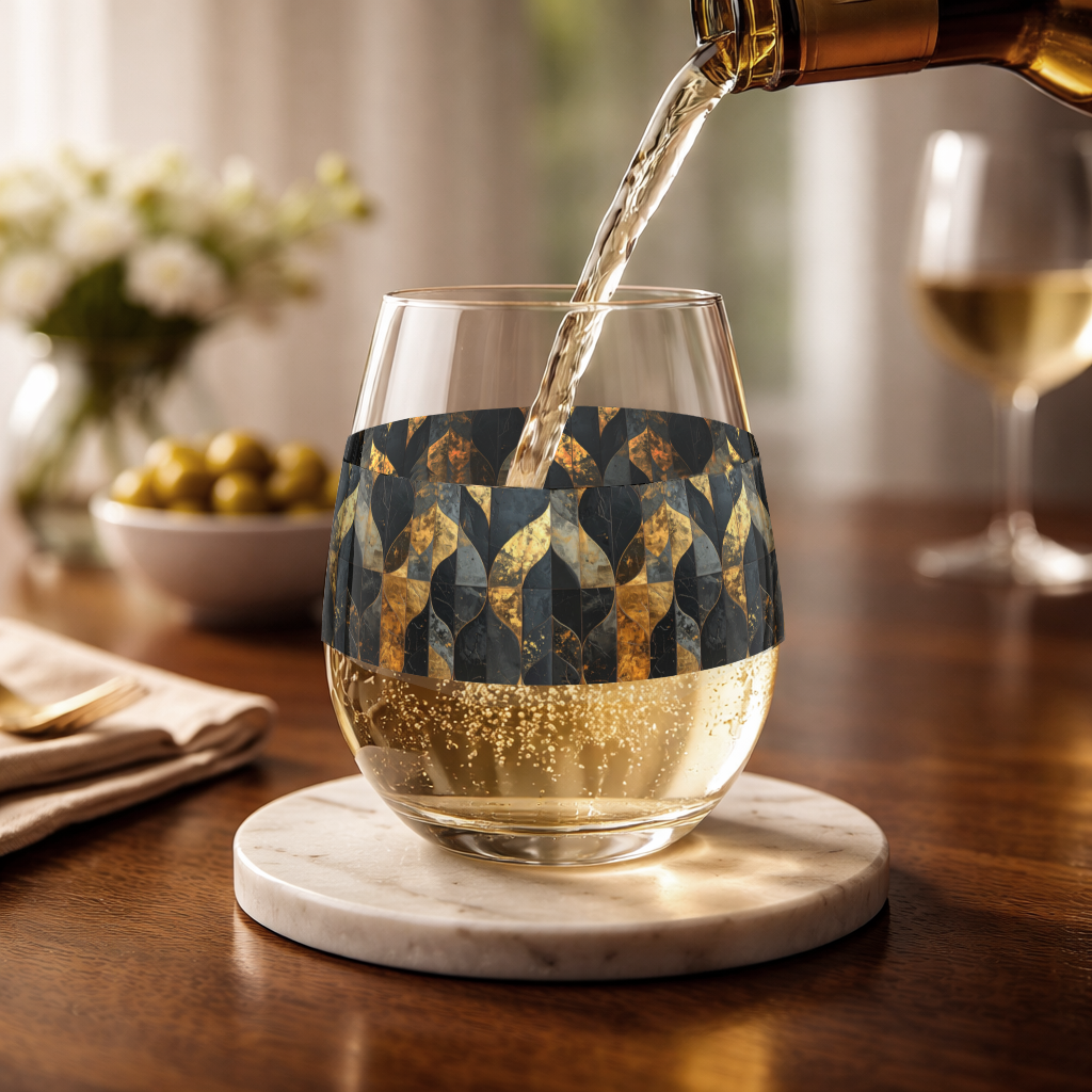 Aged Elegance stemless wine glass with charcoal and bronze design and filled with sparkling wine on a coaster sitting on wood table