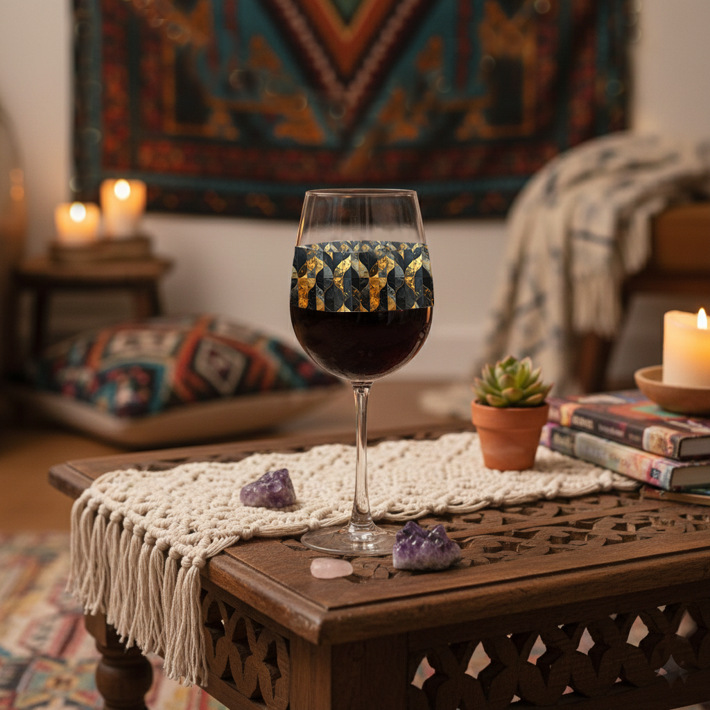 Aged Elegance tall wine glass with bronze and charcoal design. filled with red wine and sitting on a Bohemian styled table with wall tapestry in the background