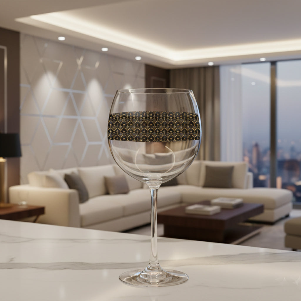 Astral Glow balloon wine glass with  a black and bronze design on a counter with a modern living room in the background