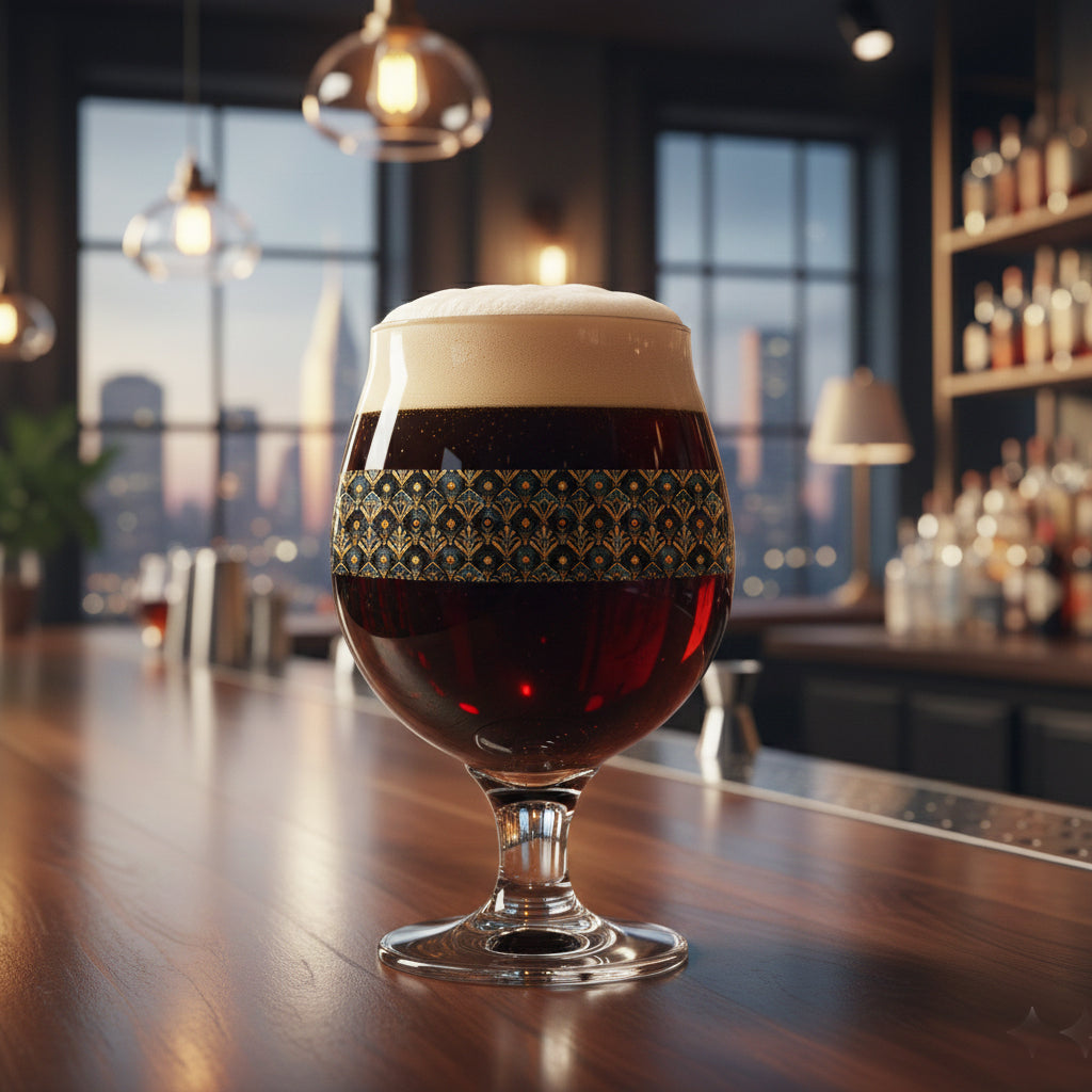 Astral Glow Belgian beer glass with  a black and bronze design, filled with dark beer and sitting on a bar counter in a cityscape setting