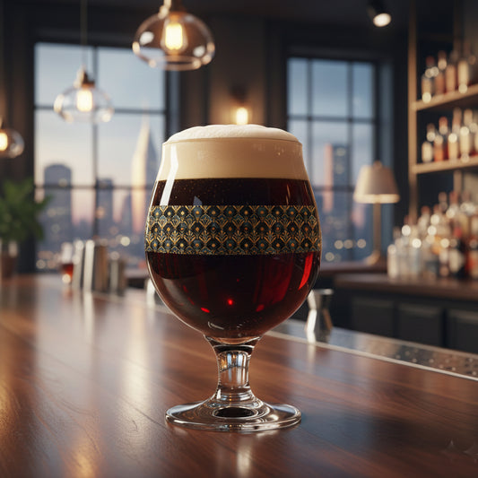 Astral Glow Belgian beer glass with  a black and bronze design, filled with dark beer and sitting on a bar counter in a cityscape setting