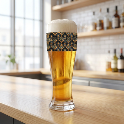 Astral Glow pilsner beer glass with  a black and bronze design, filled with ale and sitting on a wooden counter