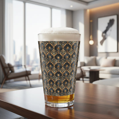 Astral Glow pint beer glass with  a black and bronze design, filled with ber and foam on a table in a modern living room.