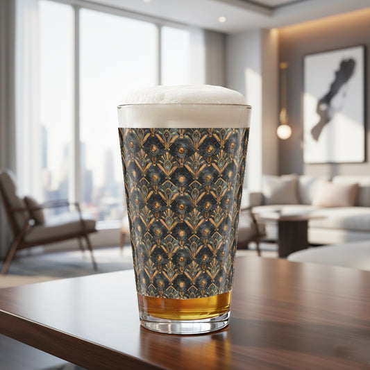 Astral Glow pint beer glass with  a black and bronze design, filled with ber and foam on a table in a modern living room.