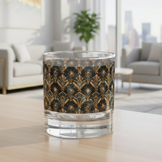Astral Glow rocks glass of whiskey with  a black and bronze design sitting on a table in a modern living room.