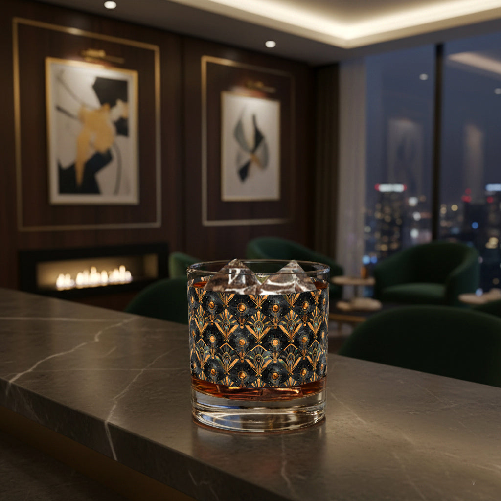Astral Glow rocks glass of whiskey with  a black and bronze design and sitting on a bar counter with cityscape in the background