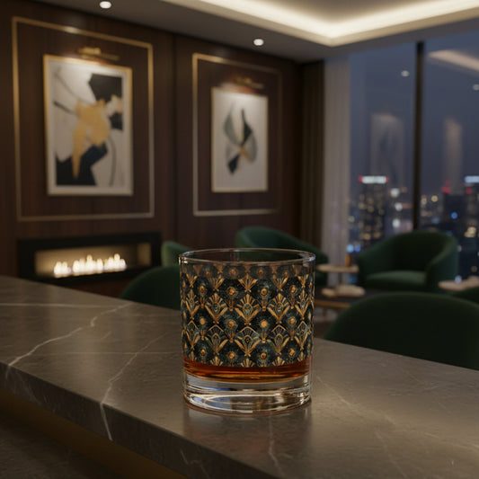 Astral Glow rocks glass of whiskey with  a black and bronze design and sitting on a bar counter with cityscape in the background