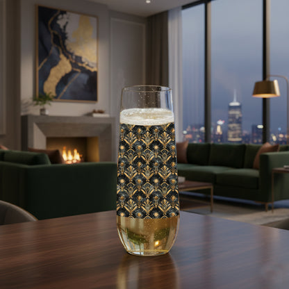 Astral Glow stemless champagne glass with  a black and bronze design sitting on a table in a modern living room with cityscape view