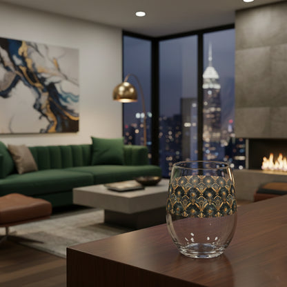 Astral Glow stemless wine glass with  a black and bronze design and sitting on a table in a modern living room with cityscape view