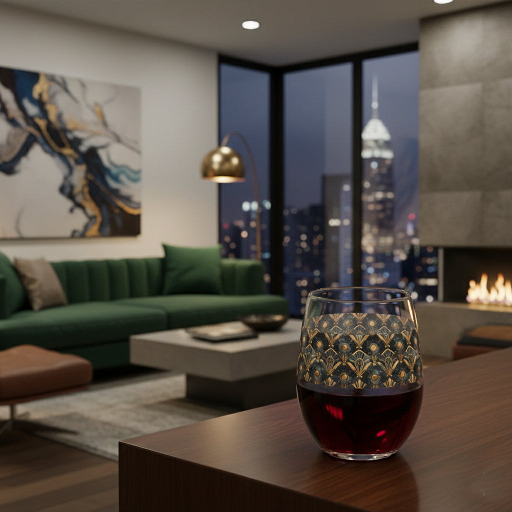 Astral Glow stemless wine glass with  a black and bronze design, filled with red wine on a table in a modern living room with city skyline view