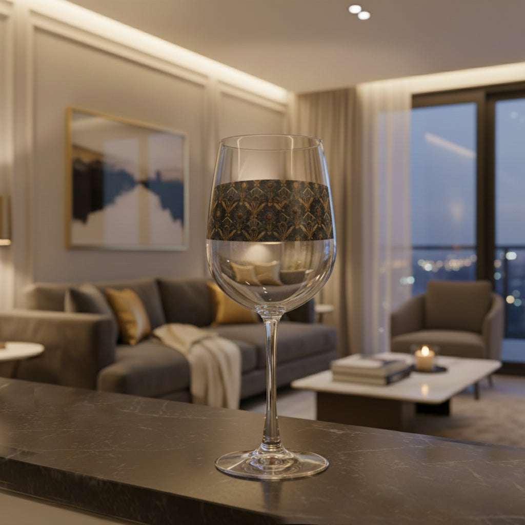 Astral Glow tall wine glass with a black and bronze design on a table with a living room in the background