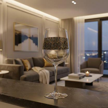Astral Glow tall wine glass with a black and bronze design on a table with a living room in the background