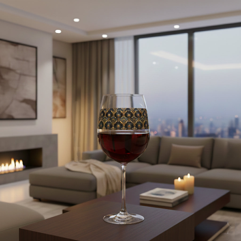 Astral Glow tall wine glass with  a black and bronze designed, filled with red wine on a coffee table in a living room with cityscape view