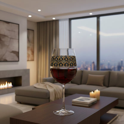 Astral Glow tall wine glass with  a black and bronze designed, filled with red wine on a coffee table in a living room with cityscape view