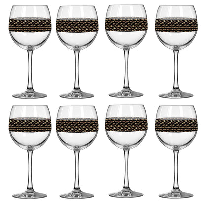 Set of eight wine glasses with decorative black bands on a white background