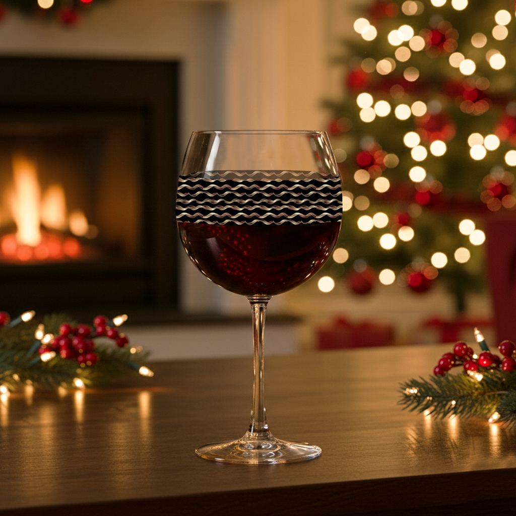 Liquid Gold balloon wine glass with black and gold wavy pattern on a table in front of a Christmas tree and fireplace in the background.