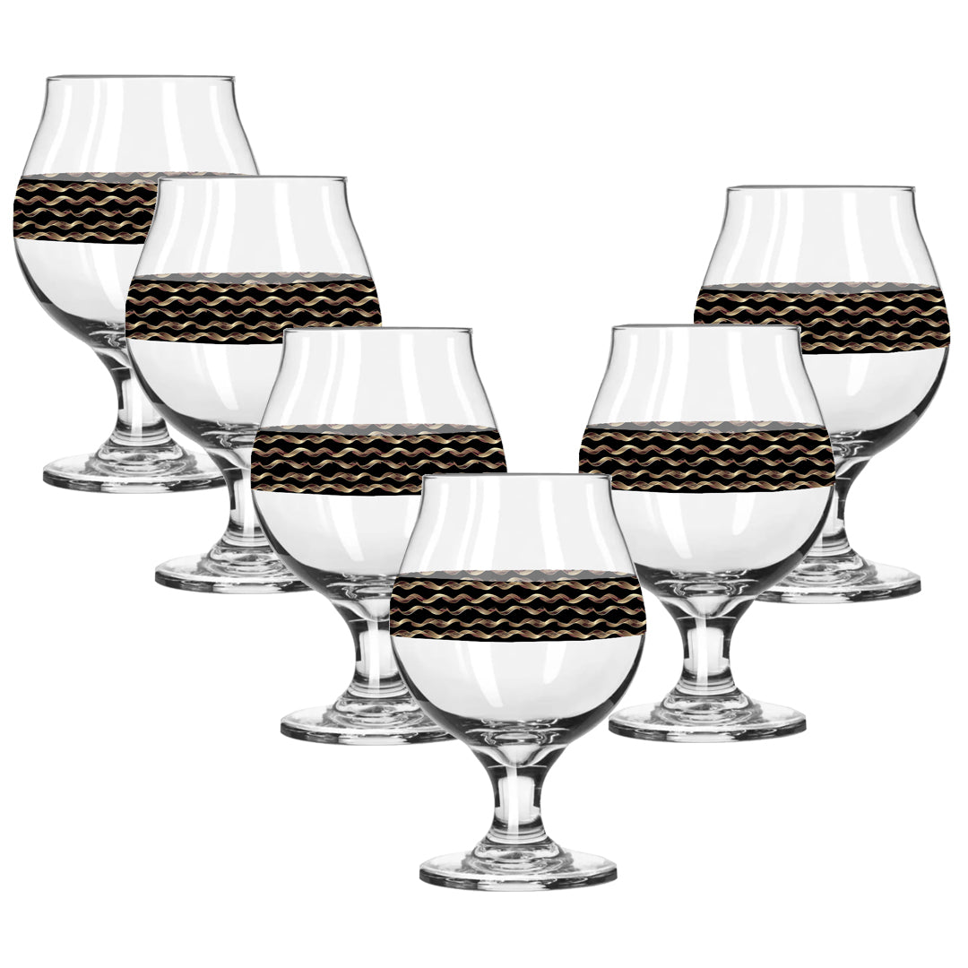 Set of six clear glass snifter with black and gold wavy pattern on a white background