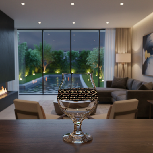 Liquid Gold Belgian beer glass with black and gold wavy design on a counter in a modern living room with fireplace, sectional, and panoramic view of outdoor pool at night