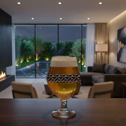 Liquid Gold Belgian beer glass with beer in a black and gold wavy design and a candle sitting on a table in a modern living room with sectional, fireplace, and panoramic view of an outdoor pool at night