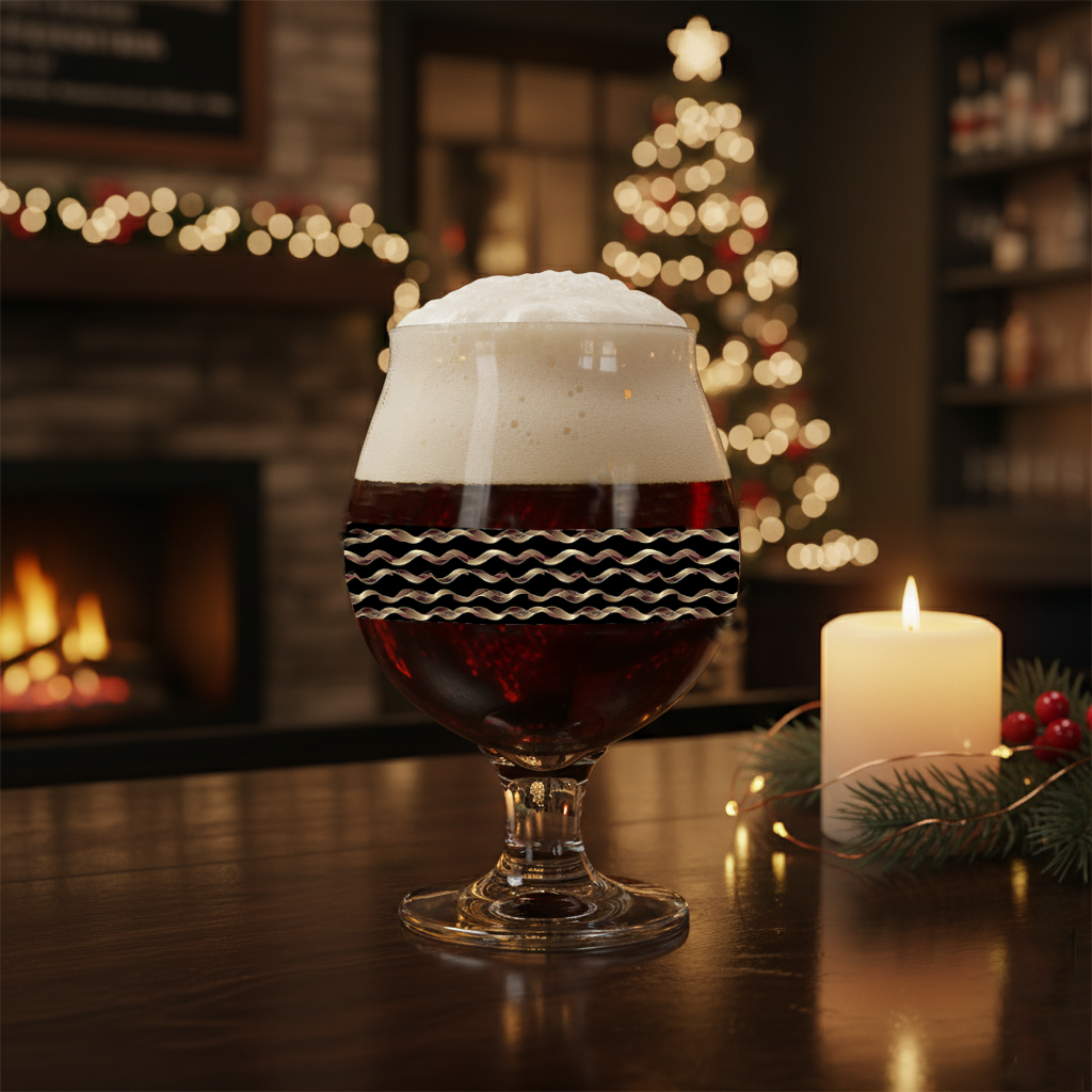 Liquid Gold Belgian beer glass with dark beer in a black and gold wavy design and a candle and Christmas tree in a cozy room.
