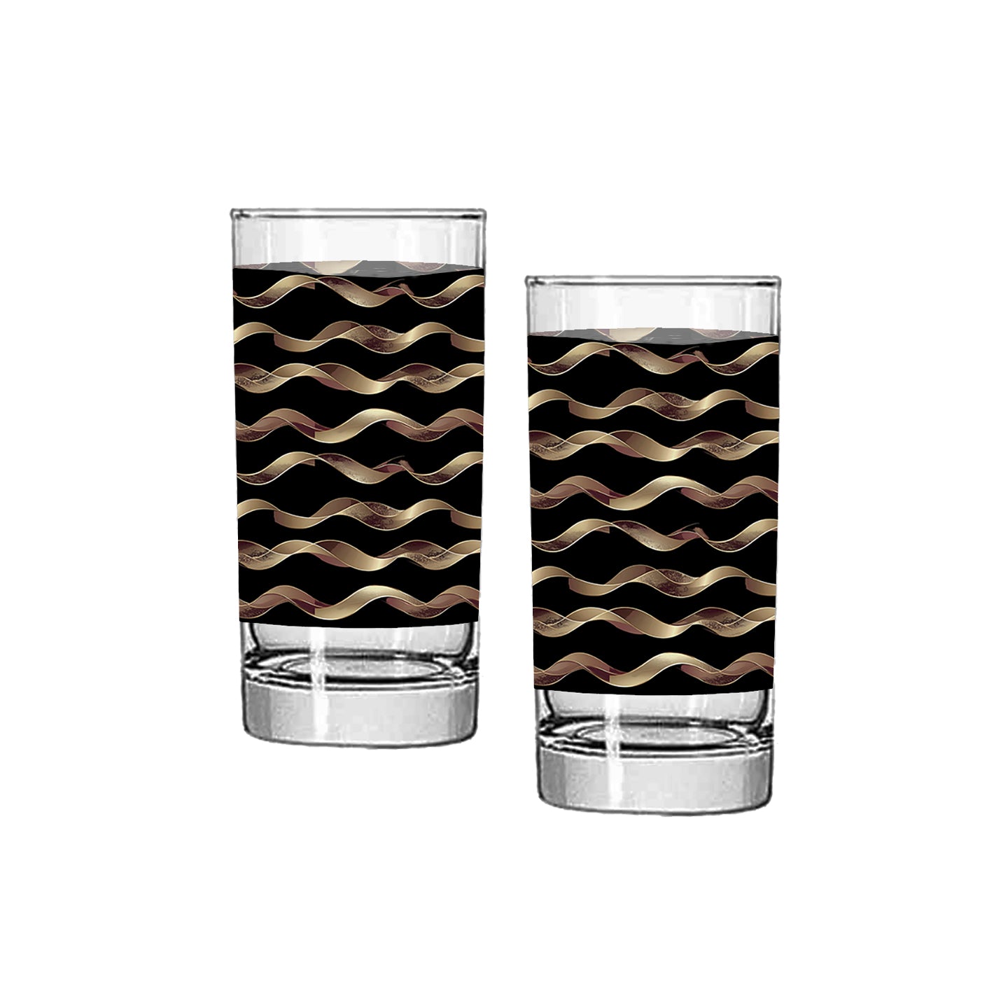 Two highball glasses with black and gold wavy pattern on a white background