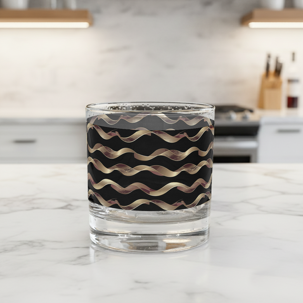 Liquid Gold rocks glass with black and gold wavy design on a marble kitchen countertop with blurred background.