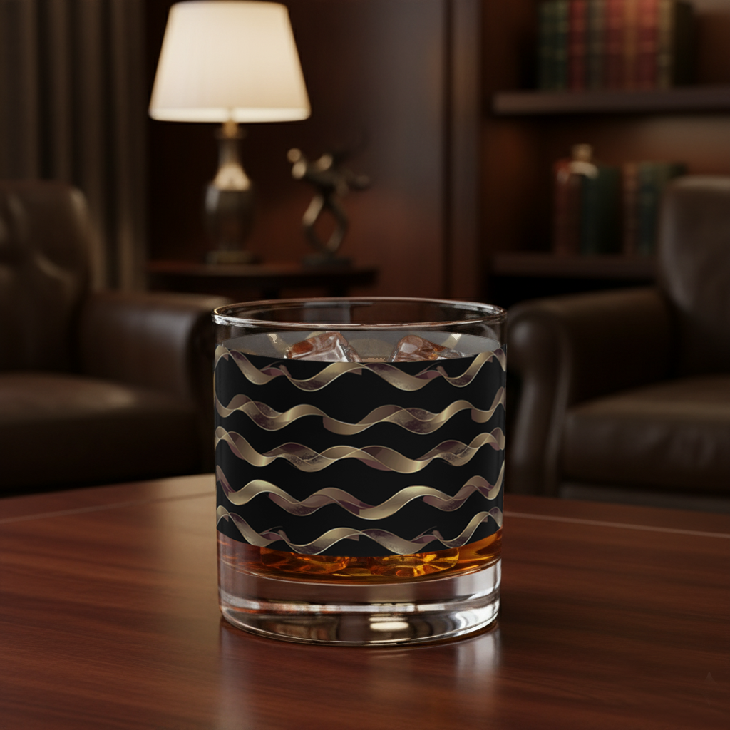 Liquid Gold whiskey glass with gold and black wavy design on a wooden table in a cozy room.