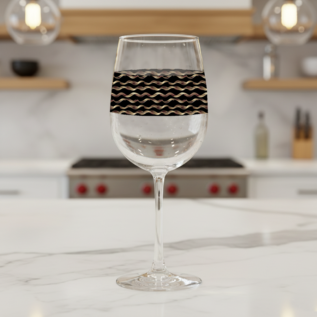 Liquid Gold tall wine glass with black and gold wavy design on a marble kitchen counter and blurred background.
