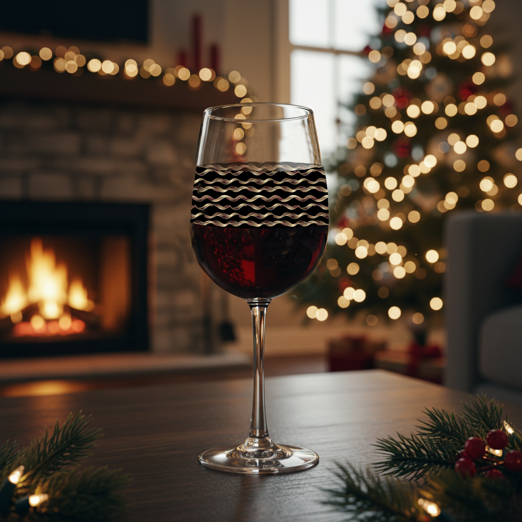 Liquid Gold tall wine glass with black and gold Art-Deco pattern on a table in a cozy room with Christmas tree and fireplace in the background