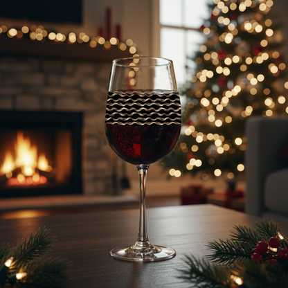 Liquid Gold tall wine glass with black and gold Art-Deco pattern on a table in a cozy room with Christmas tree and fireplace in the background