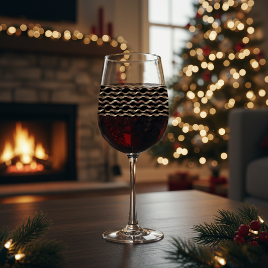 Liquid Gold tall wine glass with black and gold Art-Deco pattern on a table in a cozy room with Christmas tree and fireplace in the background