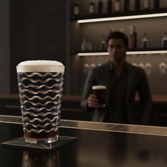 Liquid Gold pint glass of beer with black and gold wavy design on a bar counter,and blurred bar scene in the background