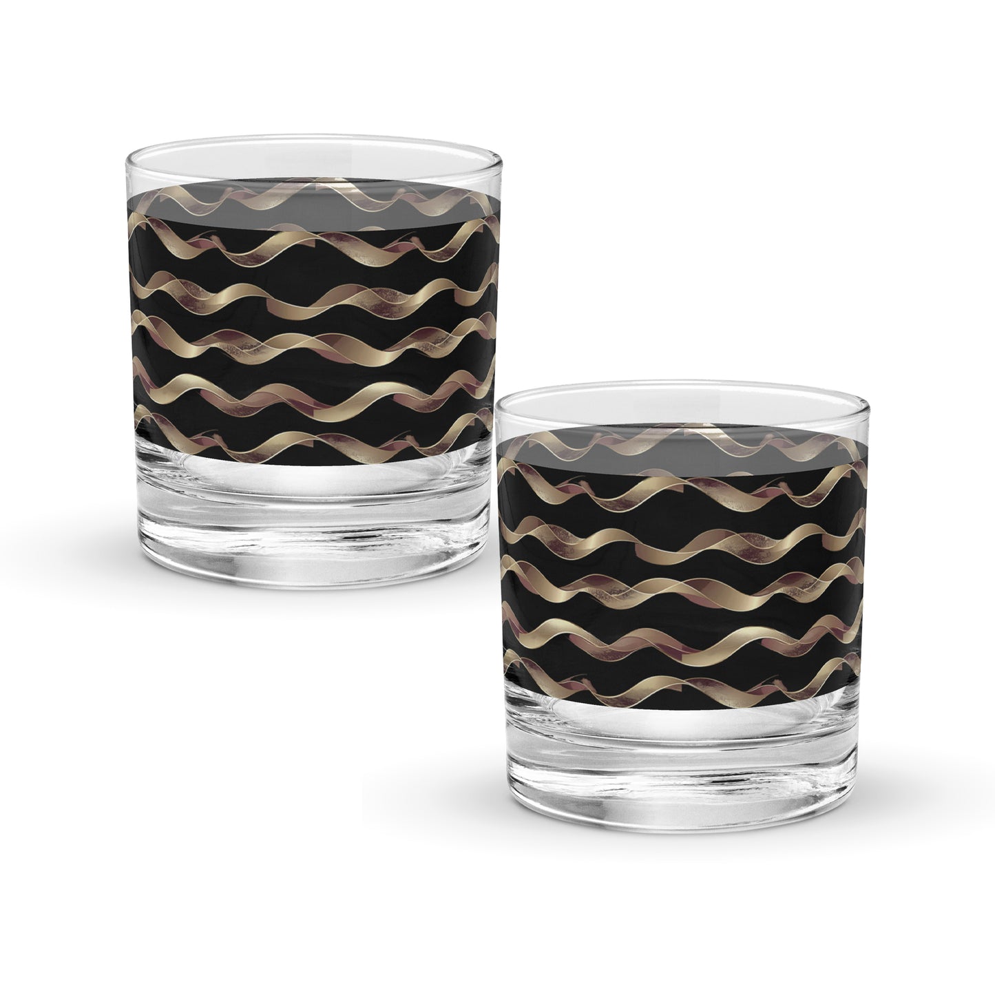 Two rock glasses with black and gold wavy pattern on a white background