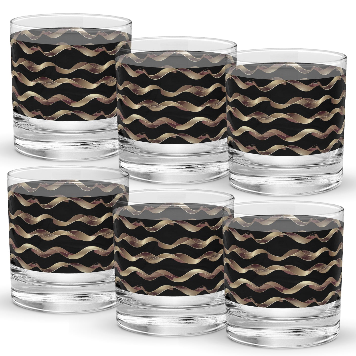 Set of six rock glasses with gold and black wavy pattern on a white background