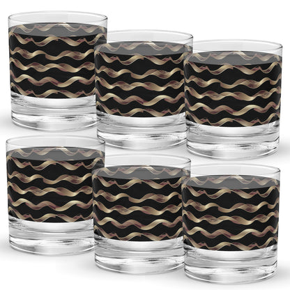 Set of six rock glasses with gold and black wavy pattern on a white background