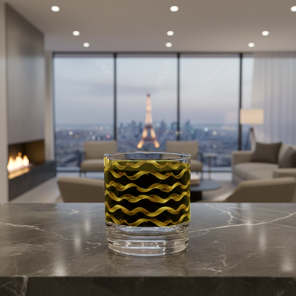 Liquid Gold rocks glass with black and gold wavy design on a marble countertop with panoramic city views, a fireplace and sectional in a modern living room