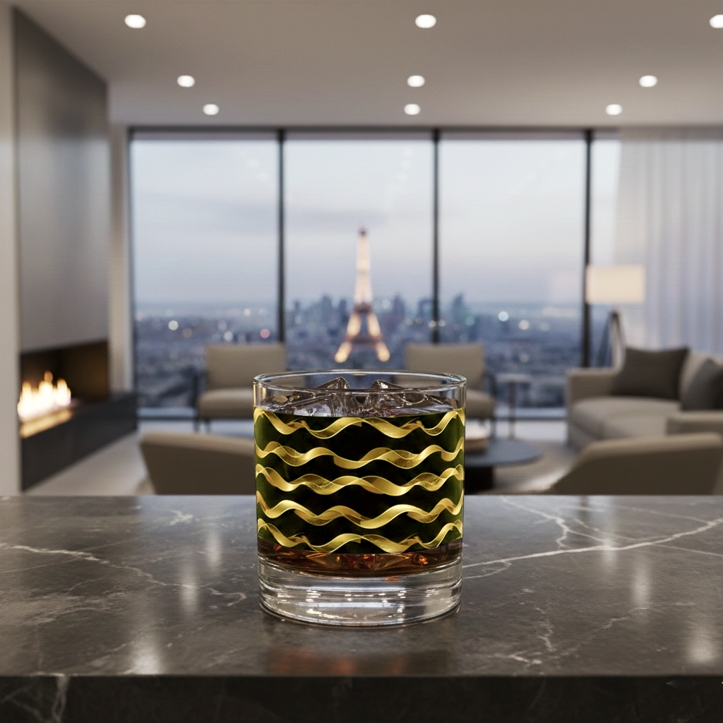 Liquid Gold whiskey glass with gold and black wavy design on a dark marble counter in a modern living room with large city view, fireplace and sectional