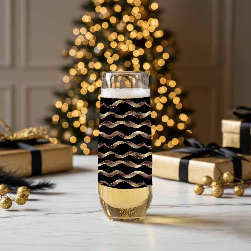 Liquid Gold stemless champagne glass with black and gold wavy design on a festive background with Christmas tree and presents.