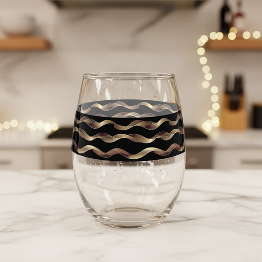 Liquid Gold stemless wine glass with black and gold wavy design on a marble surface with blurred kitchen background.