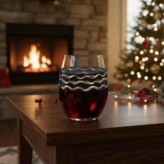 Liquid Gold stemless wine glass with  a black and gold wavy design on a wooden table in a cozy room with a fireplace and Christmas tree in the background.