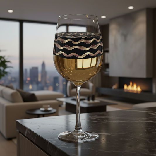 Liquid Gold tall wine glass with black and gold wavy design filled with white wine on a dark marble counter in a modern living room with large window of city views, a fireplace and sectional