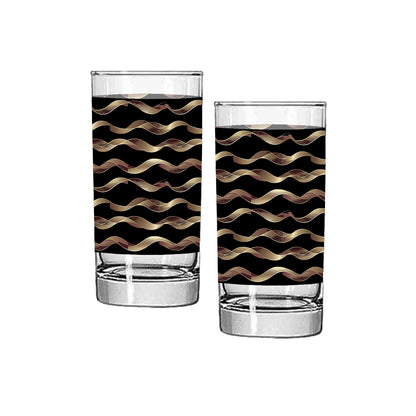 Two glass tumblers with black and gold wavy pattern on a white background