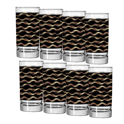 Set of glass tumblers with black and gold wavy pattern on a white background