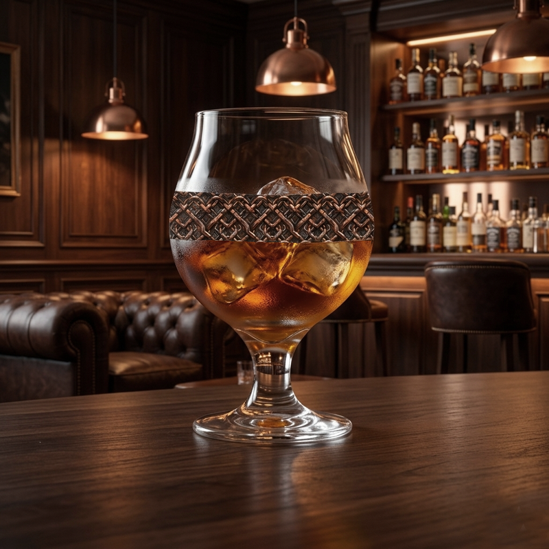 Viking Knots belgian beer glass with charcoal and copper design, filled with whiskey and ice cubes on a bar counter, surrounded by bottles and wooden decor.