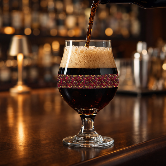 Crimson Jewels Belgian beer glass with a ruby and gold design, filled with dark beer and foam being poured and sitting on a bar with blurred speakeasy bar background