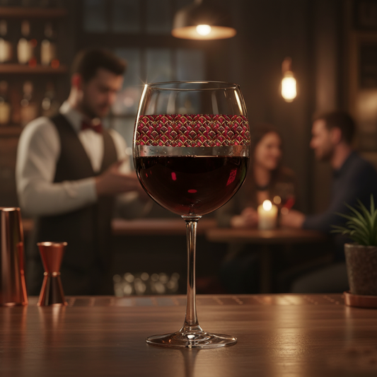 Crimson Jewels balloon wine glass with ruby and gold art deco design on a bar in a speakeasy with seating and peopl in the background