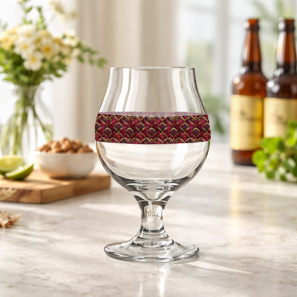 Crimson Jewels Belgian beer glass with a ruby and gold design on a marble surface with blurred bottles in the background
