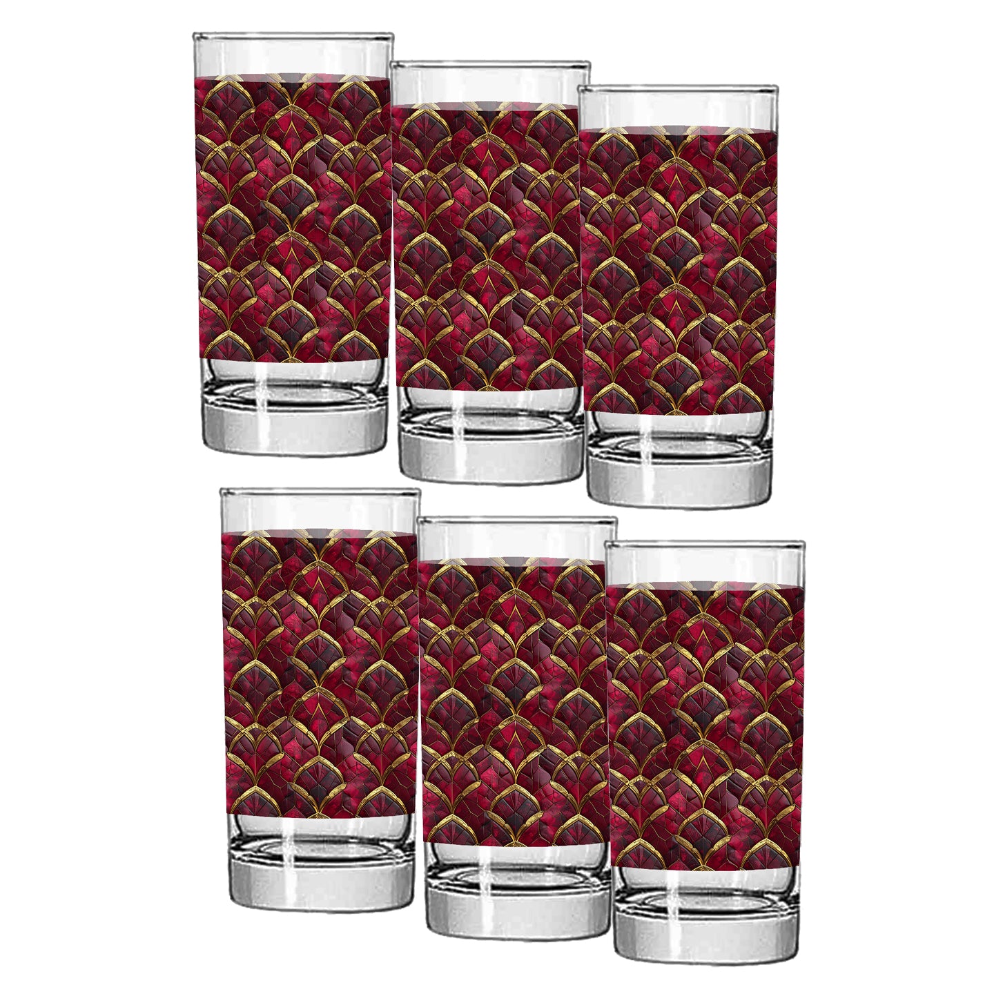 Set of six Crimson Jewels highball glasses with red and gold art deco pattern on a white background