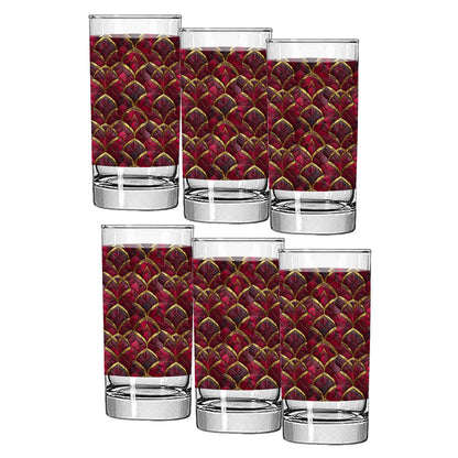 Set of six Crimson Jewels highball glasses with red and gold art deco pattern on a white background